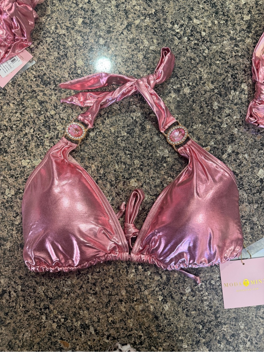 Moda Minx Triangle Bikini Top NWT Size XL Luna Metallic Pink Crystal Swim Top